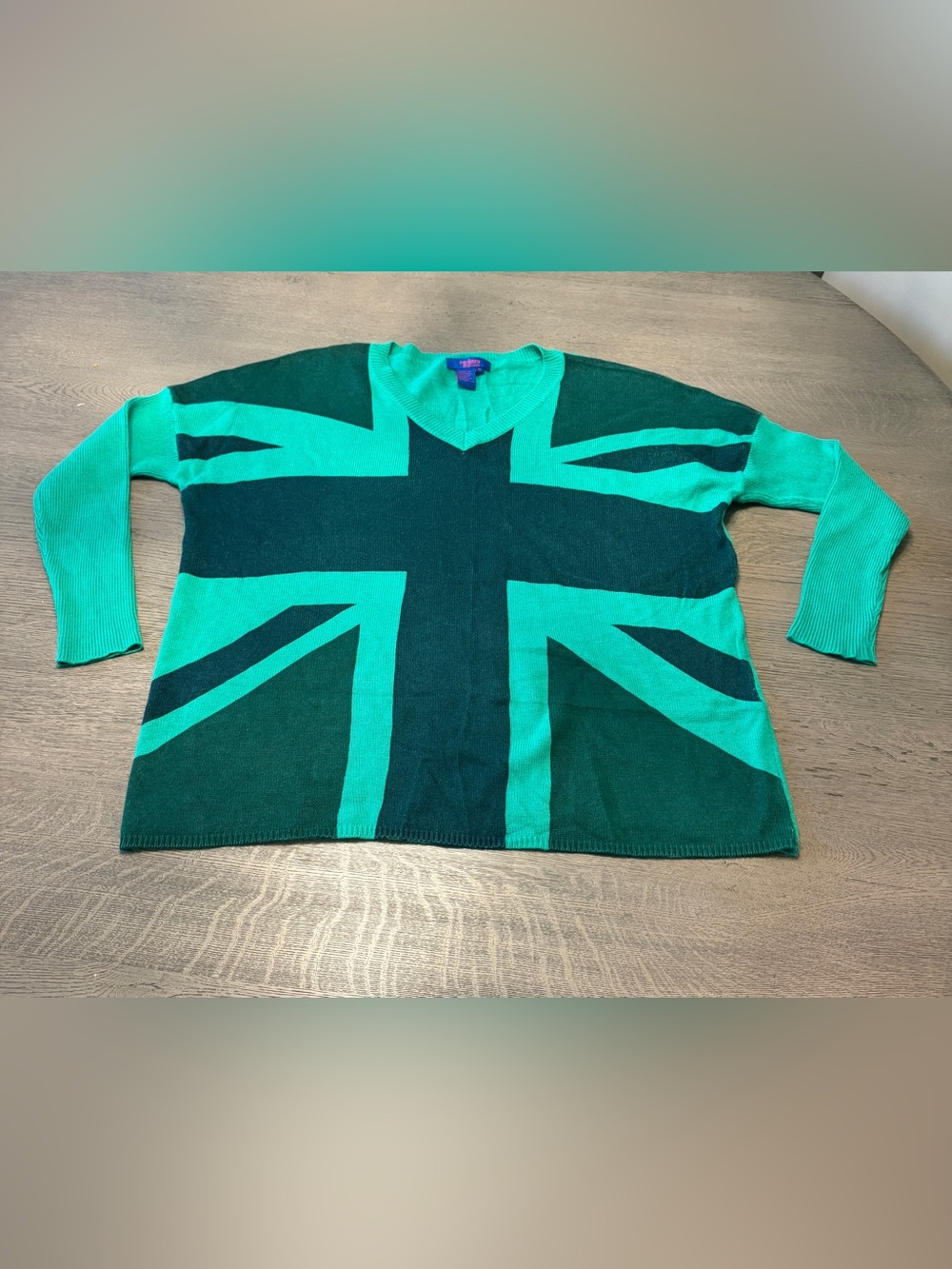 Twiggy of London Teal/green Union Jack Sweater Size M